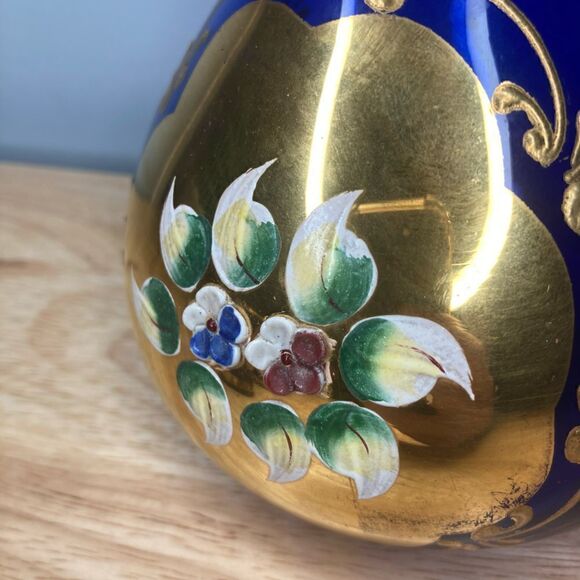 Antique Blue And Gold Glass Decanter & Set of 4 Glasses Hand Painted in Italy - Picture 8 of 10